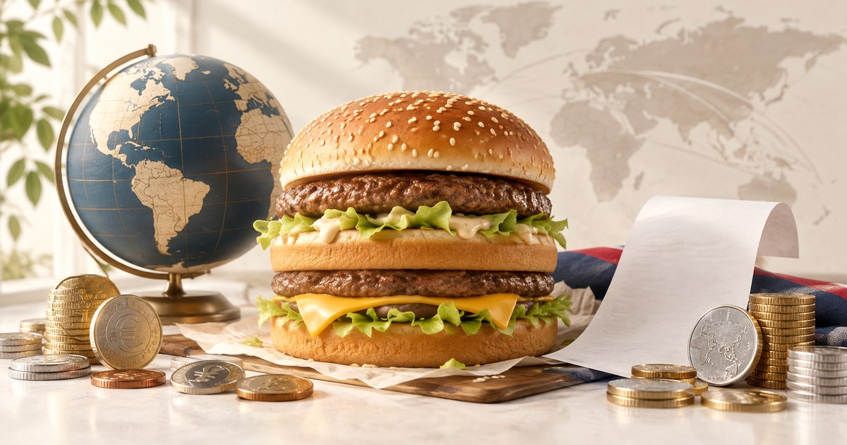 ハンバーガーと地球儀、硬貨で国ごとの価格と購買力を表すイラスト