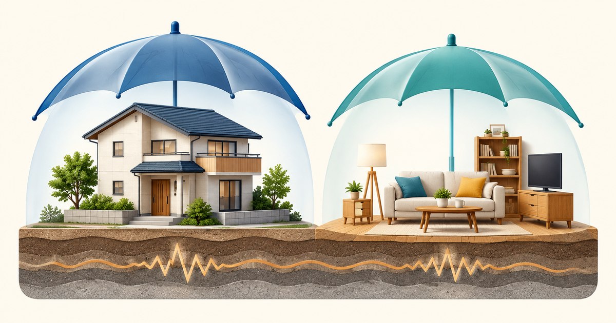 住宅模型と家具のミニチュアを、補償を表す透明な二つの傘が守るイラスト