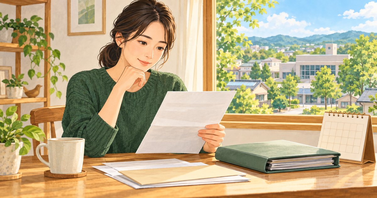 住民税の通知書と家計の書類を、カレンダーのある机で確認する人のイラスト
