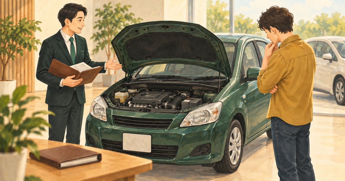 中古車の内部と整備記録を知る売り手と、外観を確認する買い手のイラスト