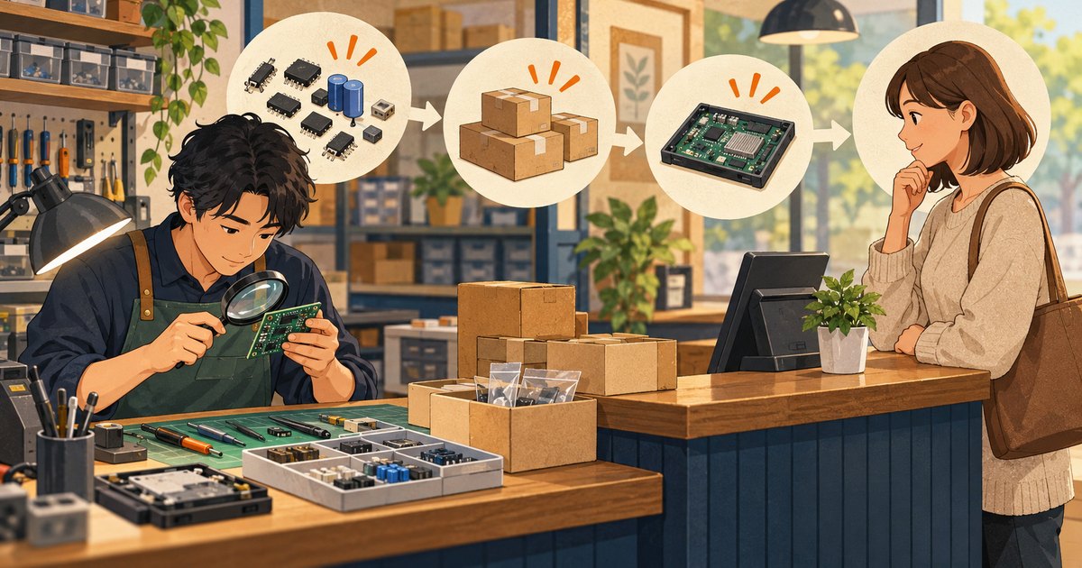 電子部品や配送箱を前に、修理担当者と利用者が費用を相談するイラスト