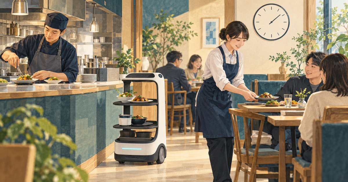 調理・接客スタッフと配膳ロボットが役割を分担する飲食店と時計のイラスト