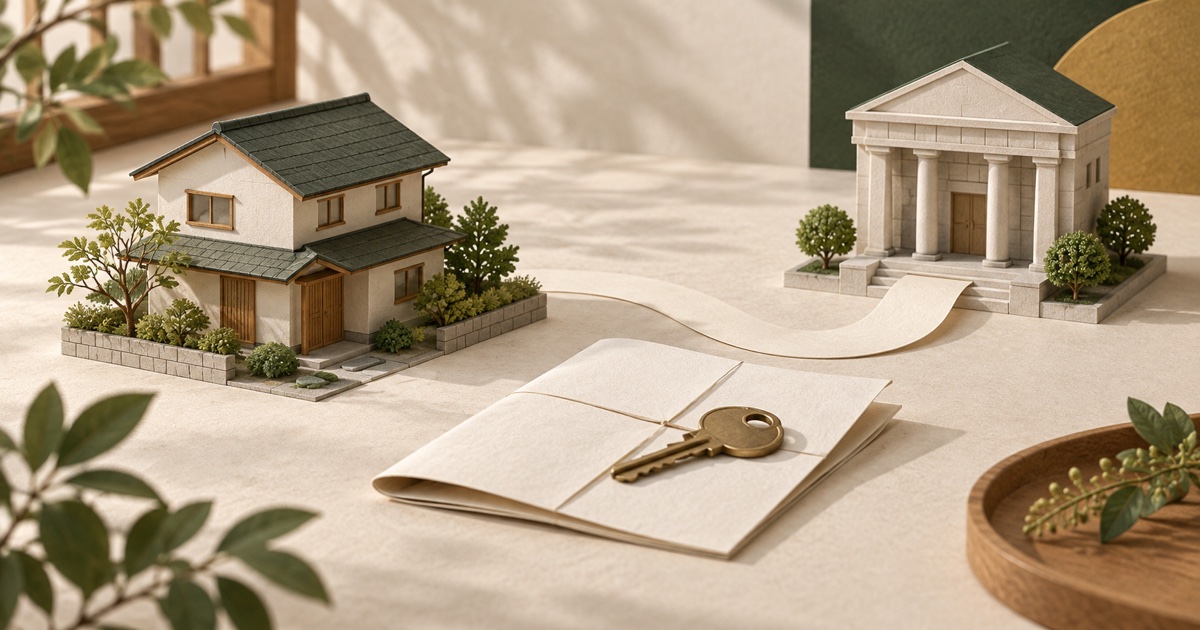 住宅模型と金融機関、契約書と鍵で表した住宅購入資金の借入イメージ