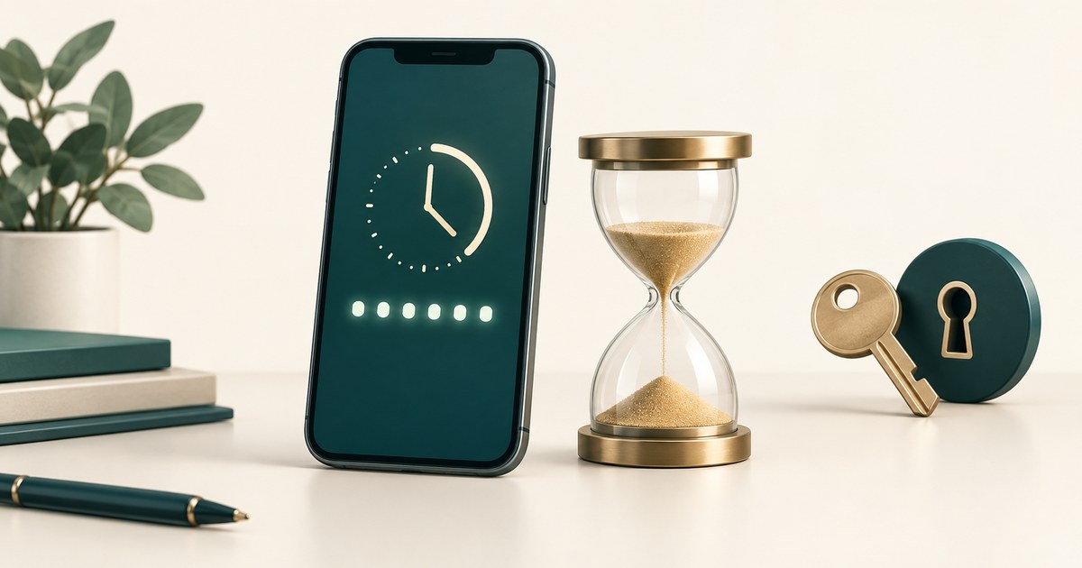 期限付き認証コードを表すスマートフォンと砂時計、別の認証方式を表す鍵と鍵穴を並べたイラスト