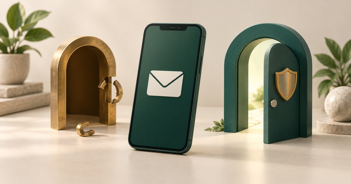 メールを表示するスマートフォンと、壊れた入口・盾で守られた入口を並べたフィッシング対策のイメージ