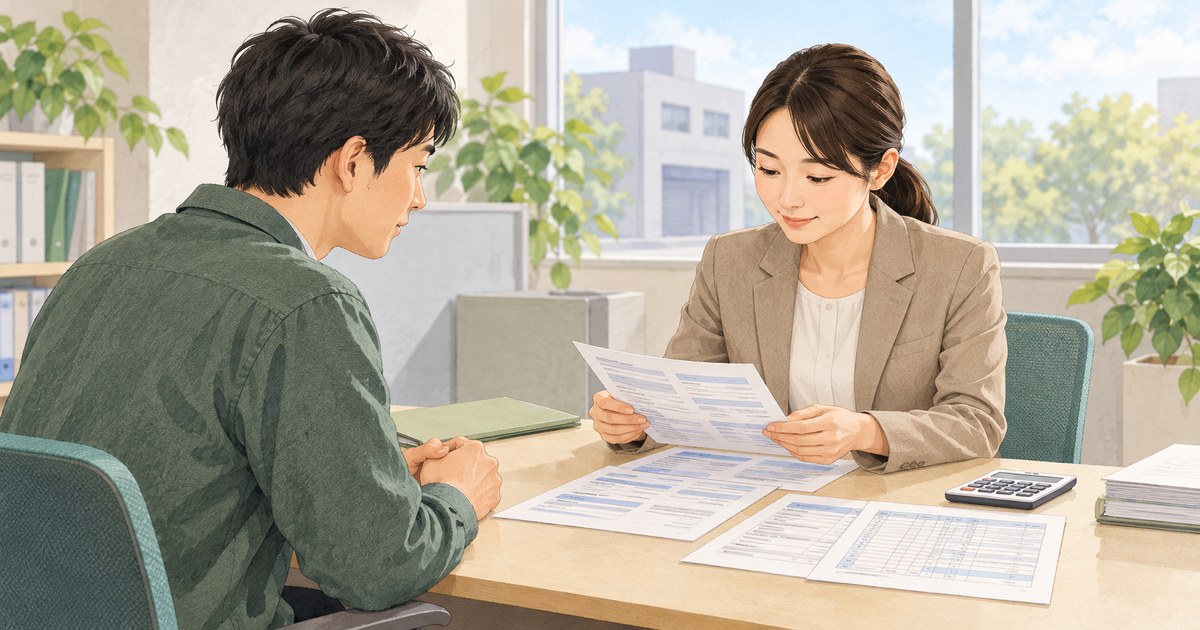 給与明細と勤務記録を手にした退職者が、相談窓口で担当者と未払賃金の書類を確認するイラスト